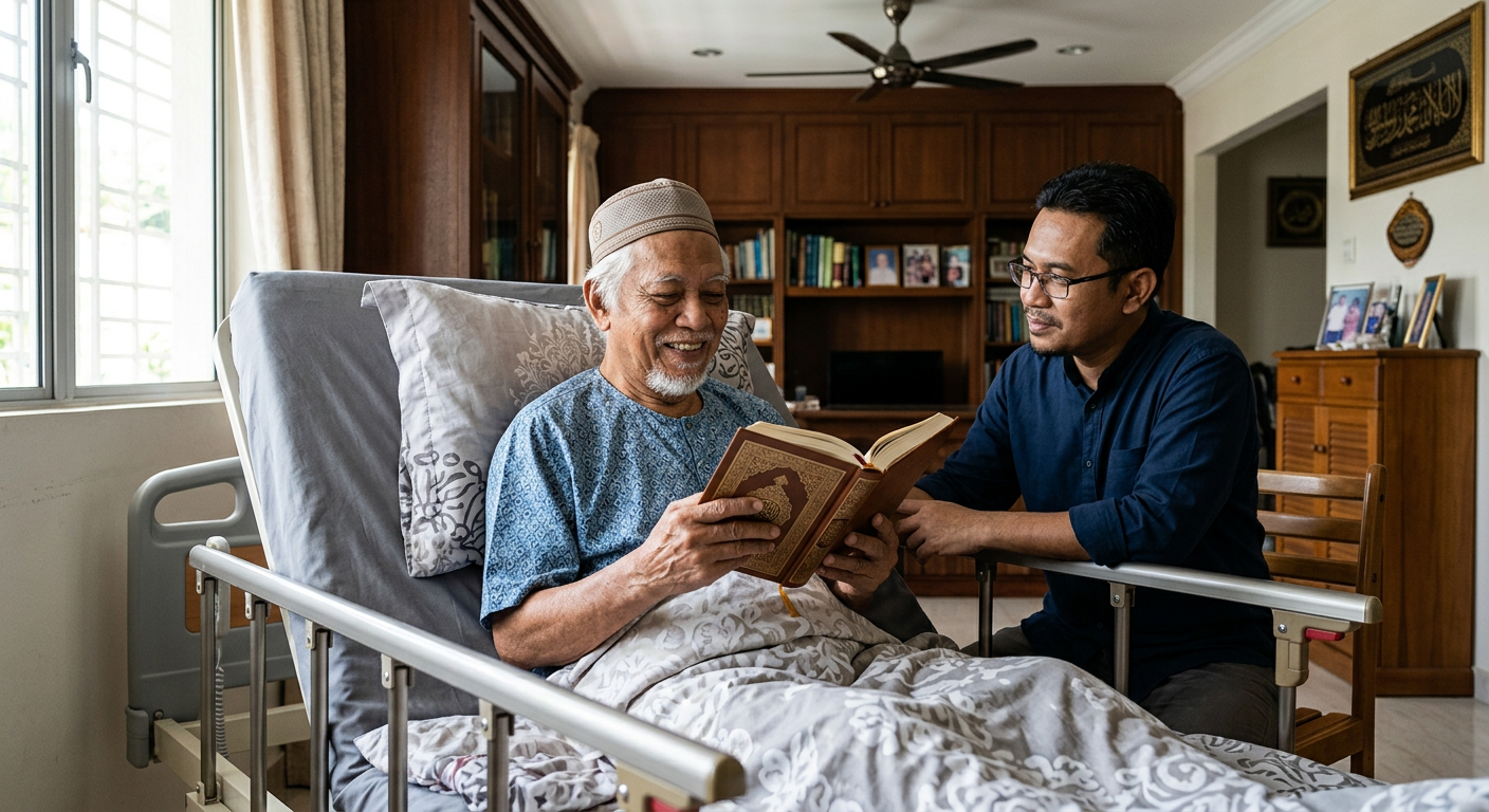 Bapa tua membaca Al-Quran di katil hospital dengan anaknya di sebelah